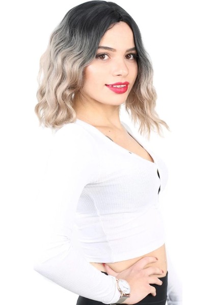 Fiber Sentetik Kısa Dalgalı Perçemsiz Peruk - Siyah / Küllü Bebek Sarı Ombreli fiyatları