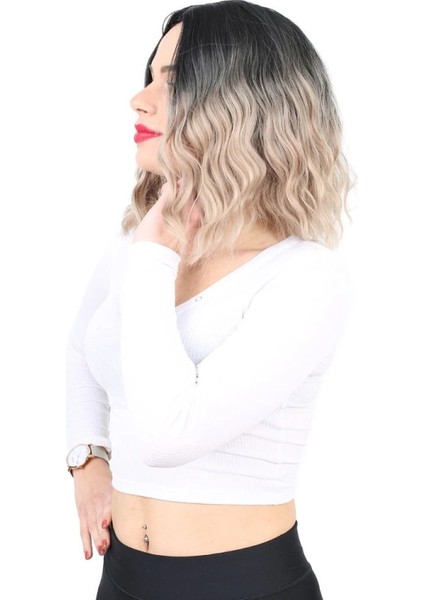 Fiber Sentetik Kısa Dalgalı Perçemsiz Peruk - Siyah / Küllü Bebek Sarı Ombreli modelleri