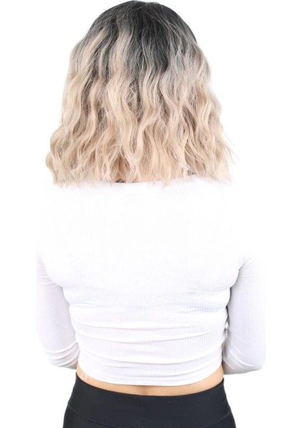 Fiber Sentetik Kısa Dalgalı Perçemsiz Peruk - Siyah / Küllü Bebek Sarı Ombreli fırsatları