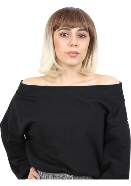 Kısa Küt Perçemli Fiber Sentetik Peruk - Kumral / Platin Ombreli