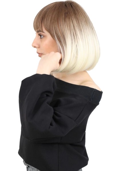 Kısa Küt Perçemli Fiber Sentetik Peruk - Kumral / Platin Ombreli modelleri