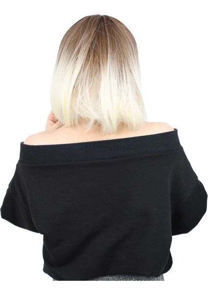 Kısa Küt Perçemli Fiber Sentetik Peruk - Kumral / Platin Ombreli fırsatları