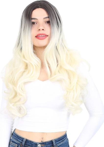 Yoğun Dalgalı Fiber Sentetik Uzun Perçemsiz Peruk - Küllü Siyah / Platin Ombreli