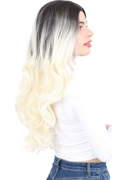 Yoğun Dalgalı Fiber Sentetik Uzun Perçemsiz Peruk - Küllü Siyah / Platin Ombreli fiyatları