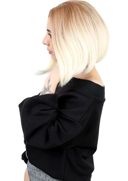 Kahkülsüz Düz Kısa Fiber Sentetik Peruk - Balköpüğü / Platin Ombreli modelleri