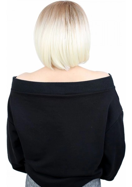 Kahkülsüz Düz Kısa Fiber Sentetik Peruk - Balköpüğü / Platin Ombreli fırsatları