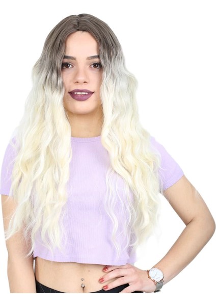 Su Dalgası Uzun Perçemsiz Fiber Sentetik Peruk - Küllü Açık Kahve / Platin Ombreli