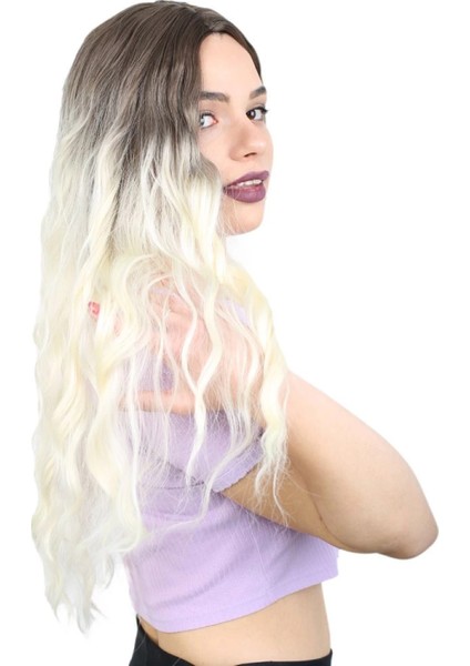 Su Dalgası Uzun Perçemsiz Fiber Sentetik Peruk - Küllü Açık Kahve / Platin Ombreli fiyatları