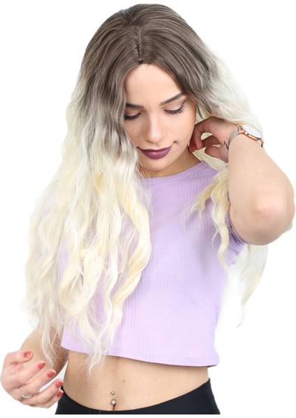 Su Dalgası Uzun Perçemsiz Fiber Sentetik Peruk - Küllü Açık Kahve / Platin Ombreli modelleri