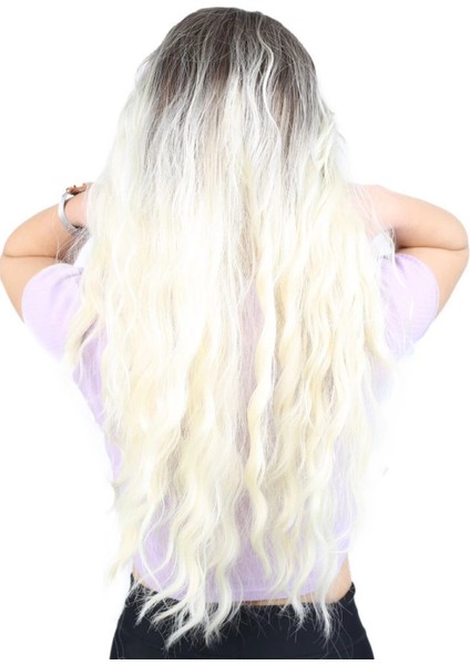 Su Dalgası Uzun Perçemsiz Fiber Sentetik Peruk - Küllü Açık Kahve / Platin Ombreli fırsatları