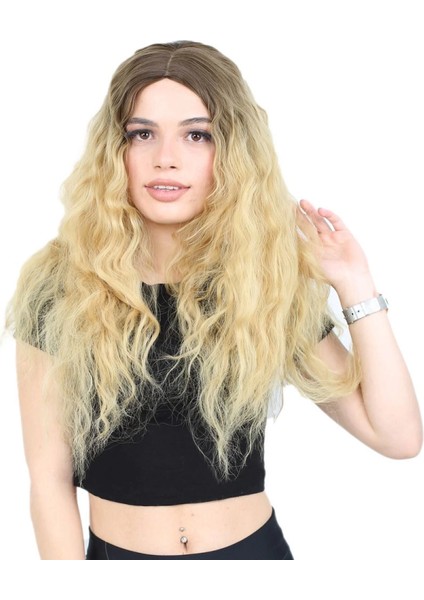 Kabarık Dalgalı Uzun Fiber Sentetik Peruk - Kumral / Sarı Ombreli