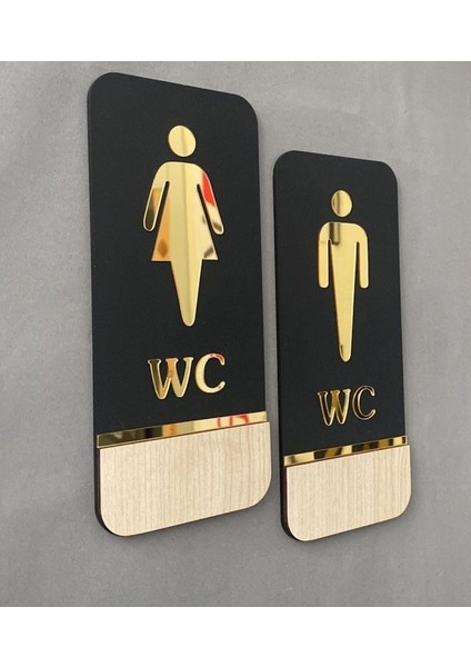 Meşe Gold Serisi Natural Dikey Wc Yönlendirme Seti Bay-Bayan Wc Yönlendirme Yazısı Ahşap 20*9 cm