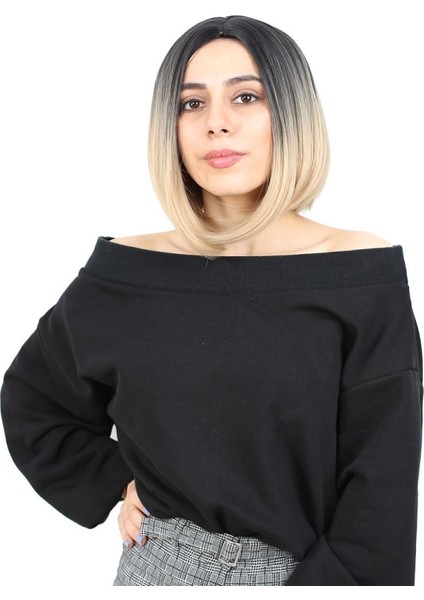 Kahkülsüz Düz Kısa Fiber Sentetik Peruk - Siyah / Balköpüğü Ombreli