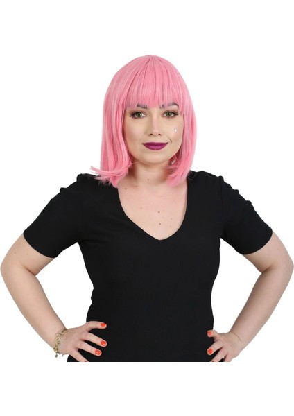 Küt Kahküllü Fiber Sentetik Peruk - Şeker Pembe