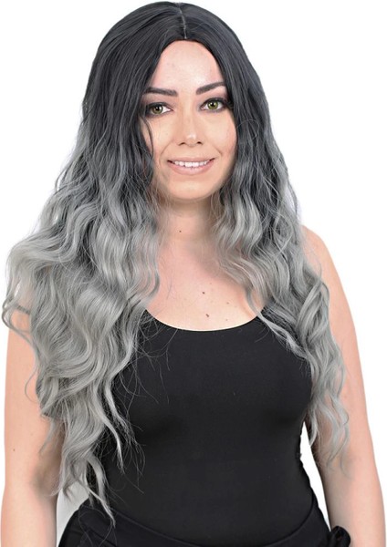 Su Dalgası Uzun Perçemsiz Fiber Sentetik Peruk - Siyah / Gri Ombreli
