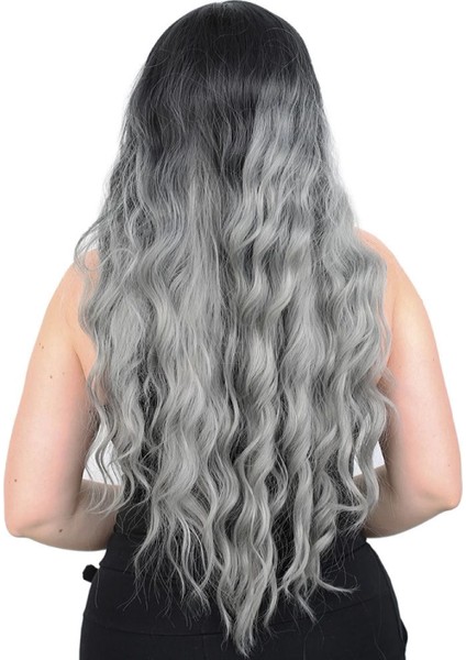 Su Dalgası Uzun Perçemsiz Fiber Sentetik Peruk - Siyah / Gri Ombreli fırsatları