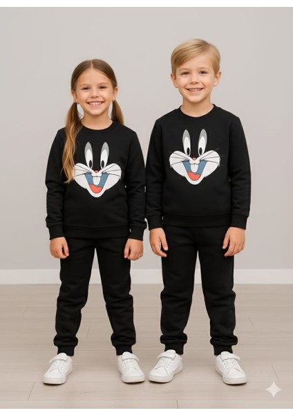 Kız Erkek Çocuk Sevimli Karakter Baskılı Siyah Eşofman Takımı