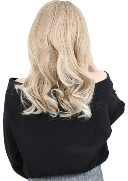 Kahkülsüz Fiber Sentetik Orta Boy Dalgalı Peruk - Karamel / Platin Röfleli fırsatları