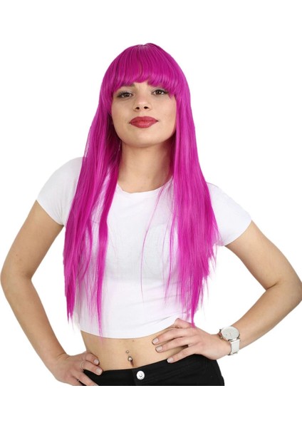 Uzun Kahküllü Fiber Sentetik Peruk - Fuşya