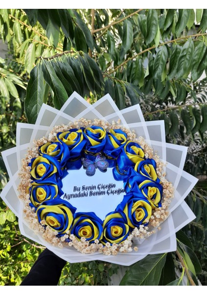 Aynalı Fenerbahçe Taraftar Solmayan Gül Buketi - Cipsolu - Ledli - Dışı Beyaz