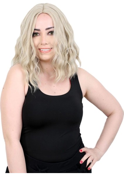 Fiber Sentetik Kısa Dalgalı Perçemsiz Peruk - Balköpüğü / Platin Röfleli