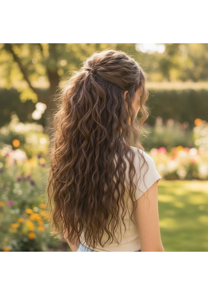 Fiber Sentetik Kabarık Dalgalı Yarım Ay + 2 Yan Çıt Çıt - Açık Kahve