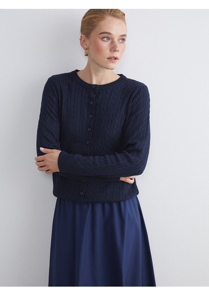 Yeni Sezon Bisiklet Yaka Kendinden Desenli Kadın Triko Hırka