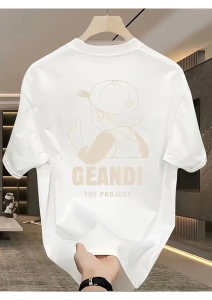 Geniş Kesim Pamuklu Tişört - Gandhı The Project Baskılı, Beyaz, Rahat Kesim, Kısa Kollu, Günlük Kıyafet, Her Gün Giyilebilecek Tişört- Beyaz