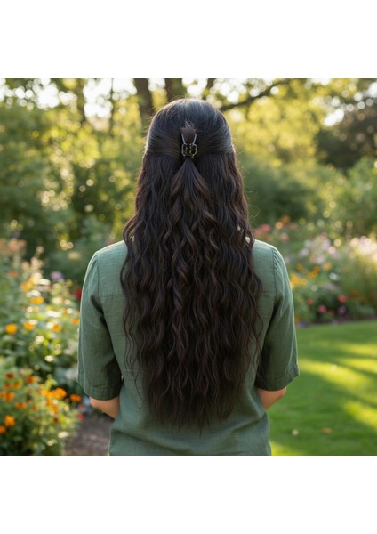 Fiber Sentetik Kabarık Dalgalı Yarım Ay + 2 Yan Çıt Çıt - Kahverengi