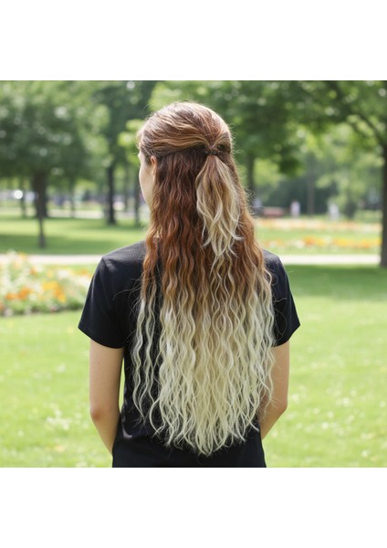 Fiber Sentetik Kabarık Dalgalı Yarım Ay + 2 Yan Çıt Çıt - Koyu Kumral Platin Ombreli