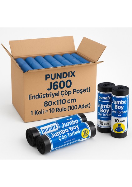 Pundıx J600 Endüstriyel Jumbo Boy Çöp Poşeti – 80X110 cm – 1 Koli (10 Rulo / 100 Adet)