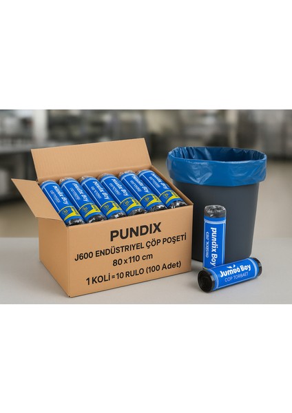 Pundıx J600 Endüstriyel Jumbo Boy Çöp Poşeti – 80X110 cm – 1 Koli (10 Rulo / 100 Adet)