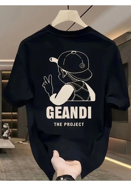 Geniş Kesim Pamuklu Tişört - Gandhı The Project Baskılı, Siyah, Rahat Kesim, Kısa Kollu, Günlük Kıyafet, Her Gün Giyilebilecek Tişört- Siyah