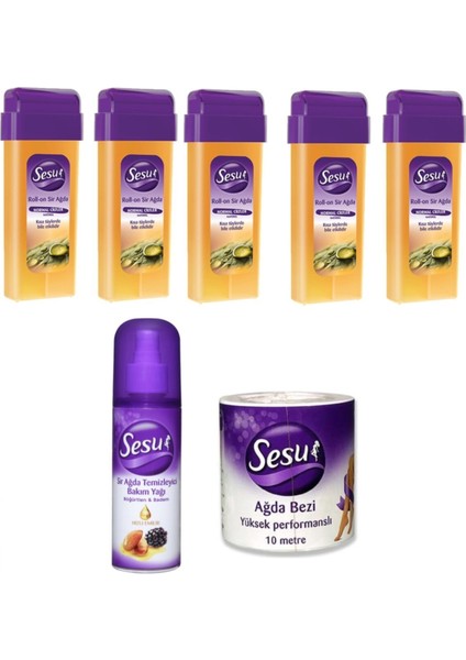 Normal Sarı Kartuş Ağda 100ML x 5, Bezi Rulo 10MT, Bakım Yağı 150ML