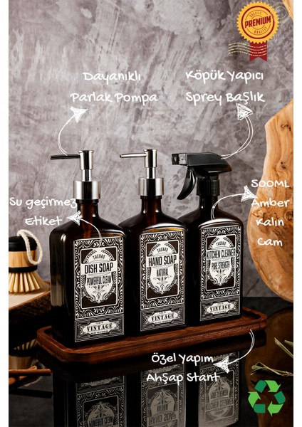 500ML Ahşap Stantlı New Premium El Sabunu,bulaşık Deterjanı, Mutfak Temizleyicisi Şişesi Set