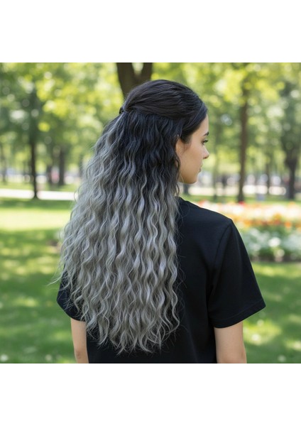 Fiber Sentetik Kabarık Dalgalı Yarım Ay + 2 Yan Çıt Çıt - Siyah Gri Ombreli