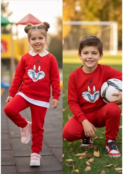 Kız Erkek Çocuk Sevimli Karakter Baskılı Kırmızı Eşofman Takımı