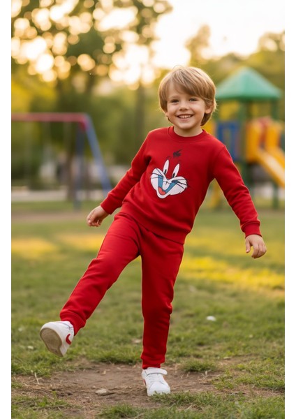 Kız Erkek Çocuk Sevimli Karakter Baskılı Kırmızı Eşofman Takımı fiyatları