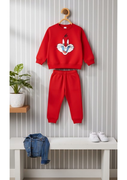 Kız Erkek Çocuk Sevimli Karakter Baskılı Kırmızı Eşofman Takımı modelleri