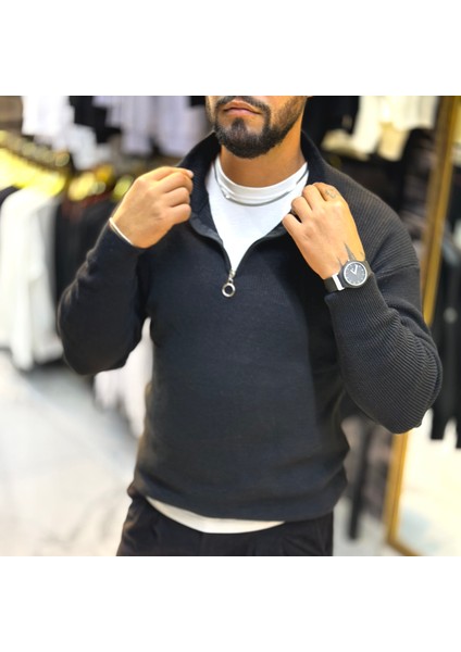 Erkek Slim Fit Fermuarlı Siyah Renk Triko Kazak