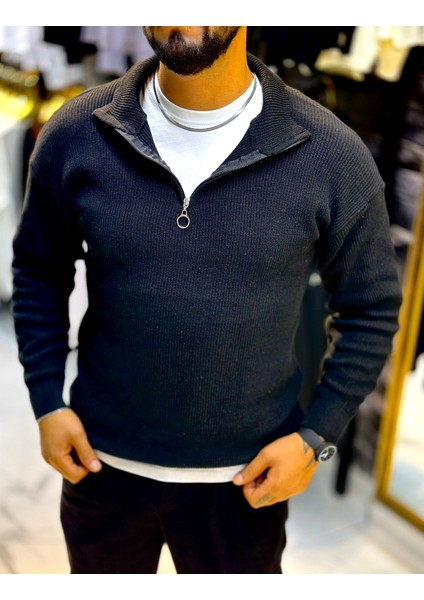 Erkek Slim Fit Fermuarlı Siyah Renk Triko Kazak fiyatları