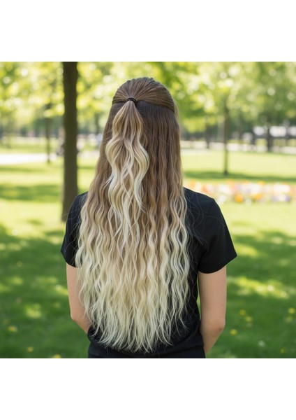 Fiber Sentetik Kabarık Dalgalı Yarım Ay + 2 Yan Çıt Çıt - Kumral Platin Ombreli