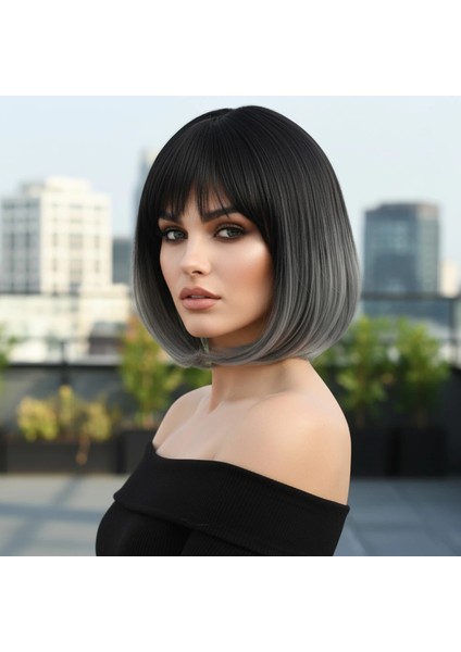 Küt Perçemli Fiber Sentetik Peruk - Siyah / Gri Ombreli