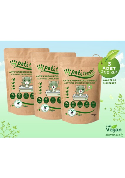 Doğal Aktif Karbon Kedi Kumu Koku Giderici 200 gr 3x Avantaj Paketi