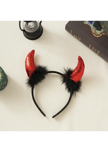 Kırmızı Şeytan Parlak Peluş Boynuzlu Tüy Detaylı Taç – Cadılar Bayramı Kostüm Aksesuarı modelleri