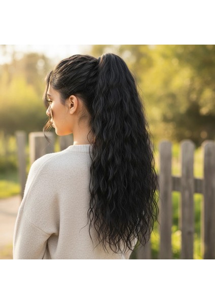 Bağlamalı Kabarık Dalgalı At Kuyruğu - Siyah