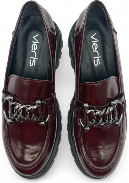 Aurenza Zincir Toka Detaylı Bordo Rugan Hakiki Deri Maskülen Kadın Loafer modelleri