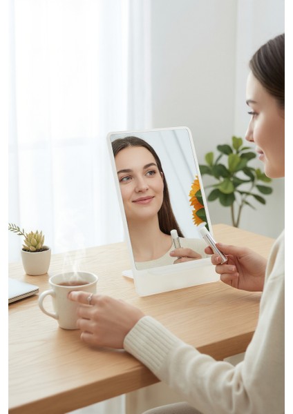 Makyaj Aynası, Masa Aynası, Dekoratif Ayna, Taşınabilir, De-Monte, DİKDÖRTGEN Şeffaf Beyaz Pleksi Tasarım,