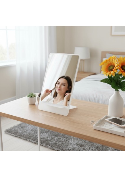Makyaj Aynası, Masa Aynası, Dekoratif Ayna, Taşınabilir, De-Monte, DİKDÖRTGEN Şeffaf Beyaz Pleksi Tasarım, modelleri