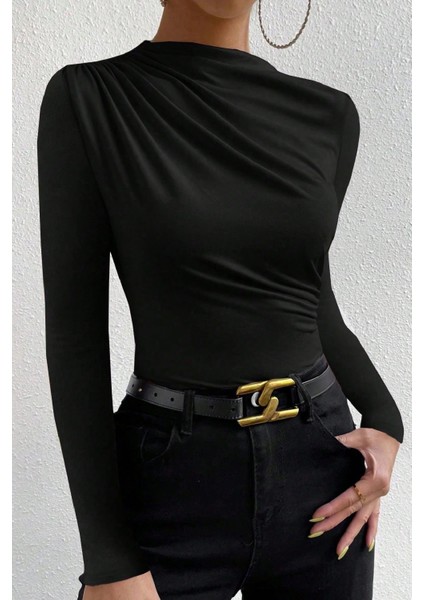 - Kadın Siyah Belden ve Boyundan Büzgü Detaylı Uzun Kollu Bluz modelleri